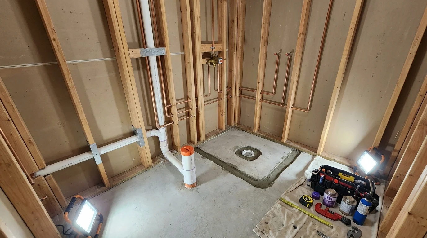 Bathroom rough-in plumbing during remodel by Johns Plumbing LLC in East Lansing