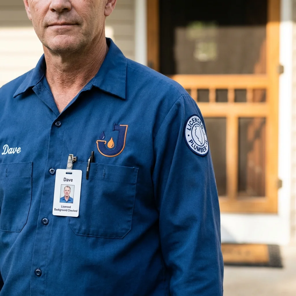 Licensed plumber showing ID badge in East Lansing, MI