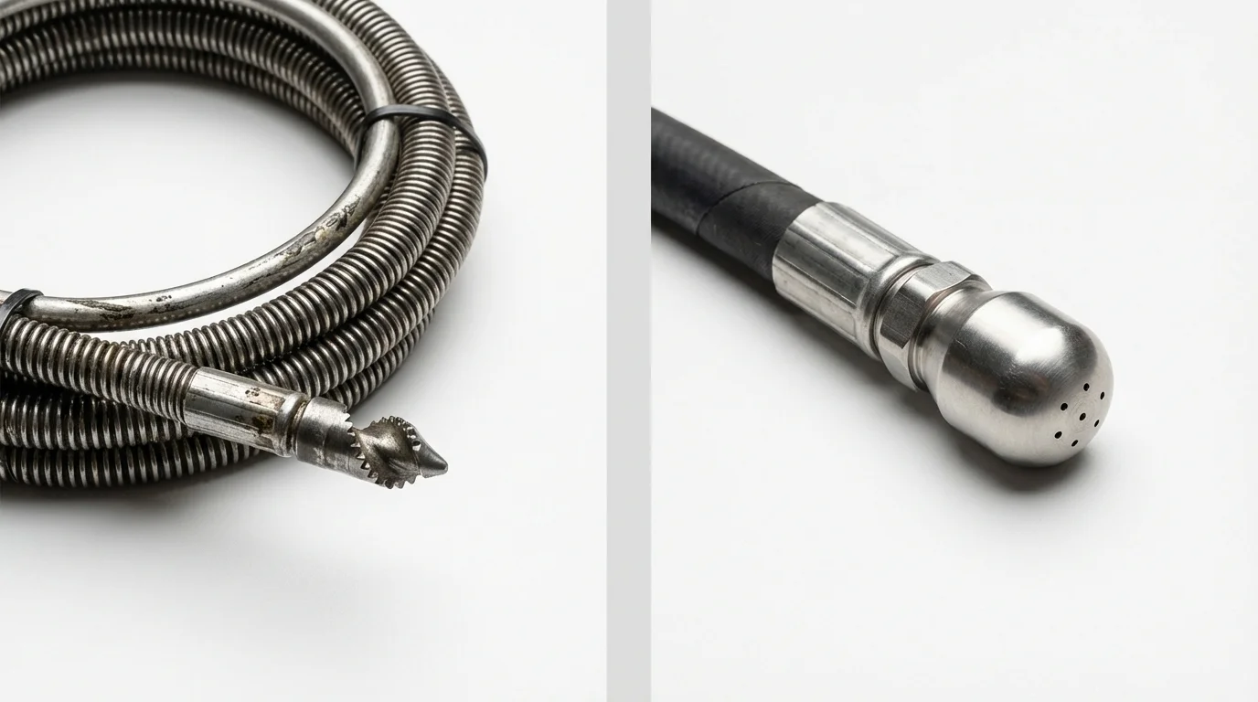 Drain snake cable and hydro jetting nozzle used for drain cleaning in East Lansing, MI