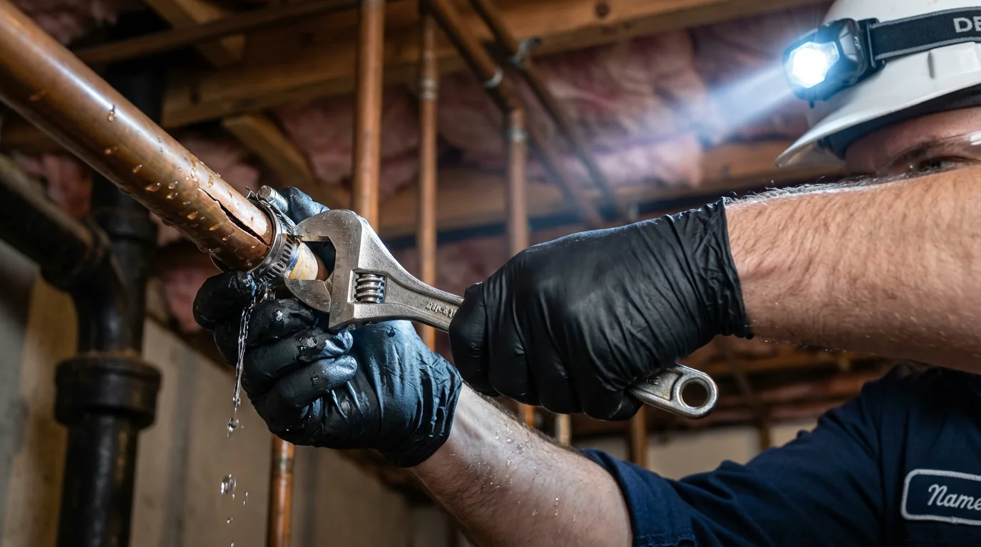 Emergency pipe clamp repair being performed by a Johns Plumbing LLC plumber in East Lansing