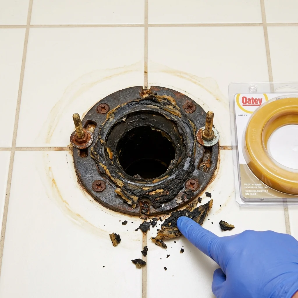 Failed wax ring showing water seepage at the base of a toilet in a East Lansing, MI home