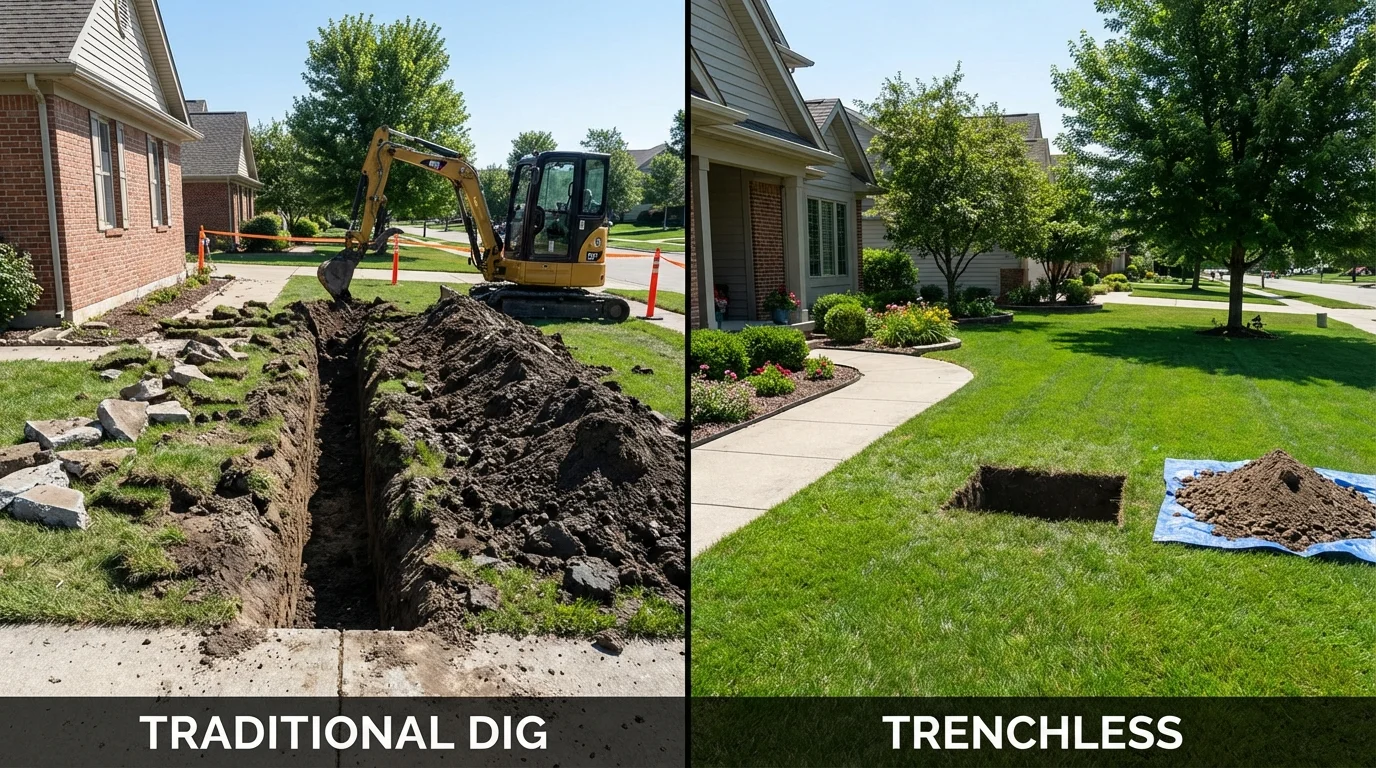 Trenchless sewer repair with minimal yard damage versus traditional excavation in East Lansing, MI
