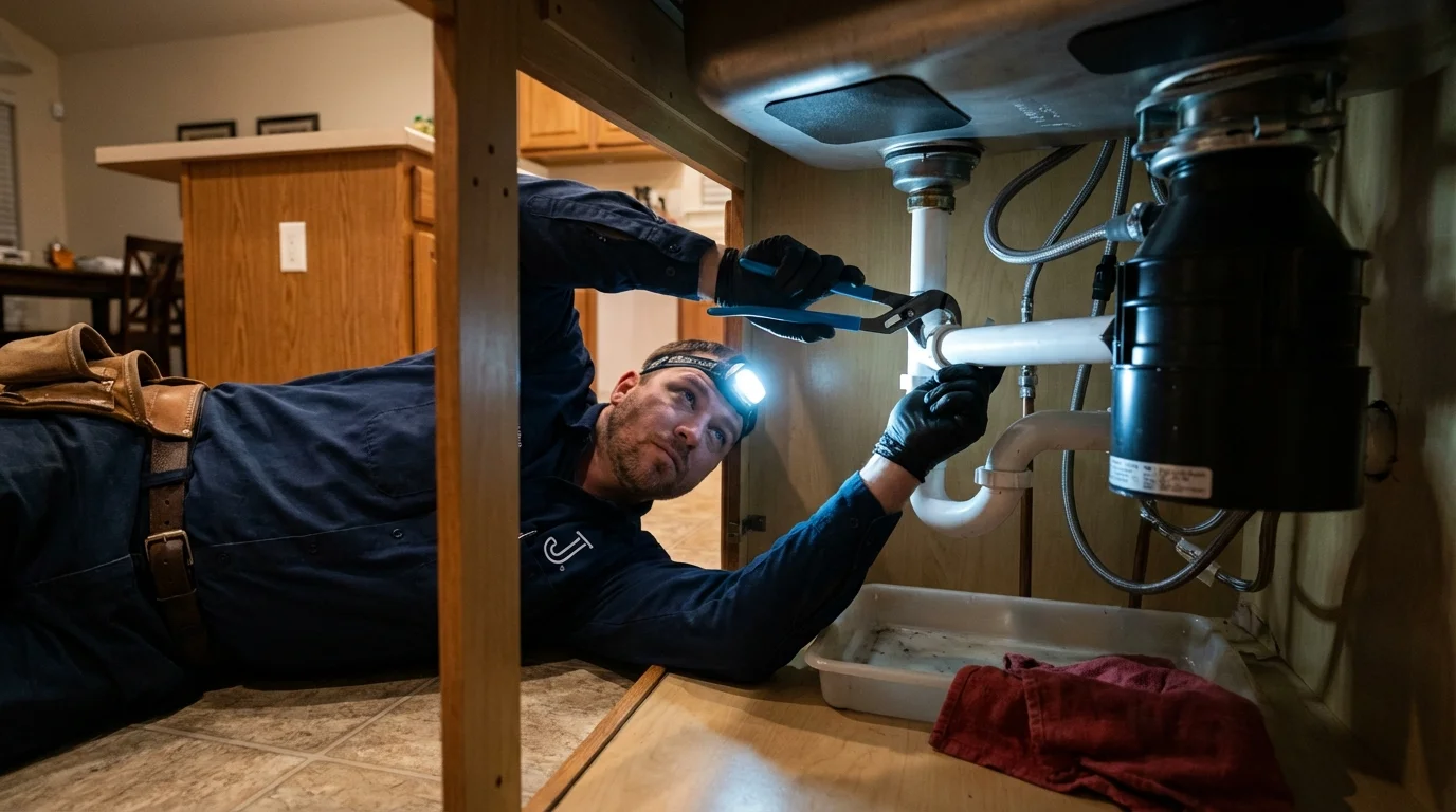 P-trap and supply line connections under a kitchen sink showing a common leak point in East Lansing, MI